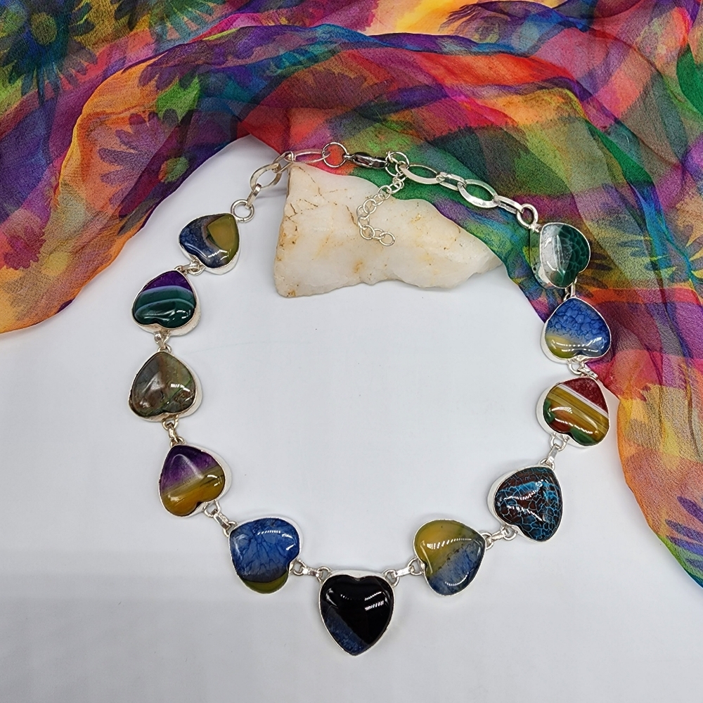 Vintage Jewelry Sterling Silver 925 Necklace Genuine Agate Stones Heart - Picture 11 of 15